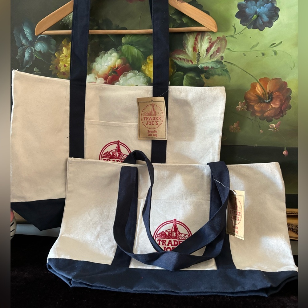 NWT 2 Trader Joe’s large Reusable Canvas Cotton Tote Bag Navy